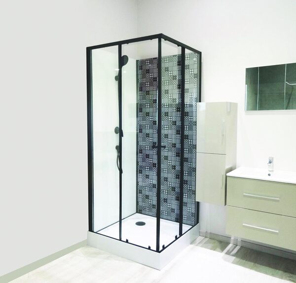 Cabine de douche CIMENT, Montage sans silicone, Cabine 100x80x207cm, Accès d'angle, Portes coulissantes en verre trempé 5mm, Profilés aluminium peint noir mat, Livrée en kit