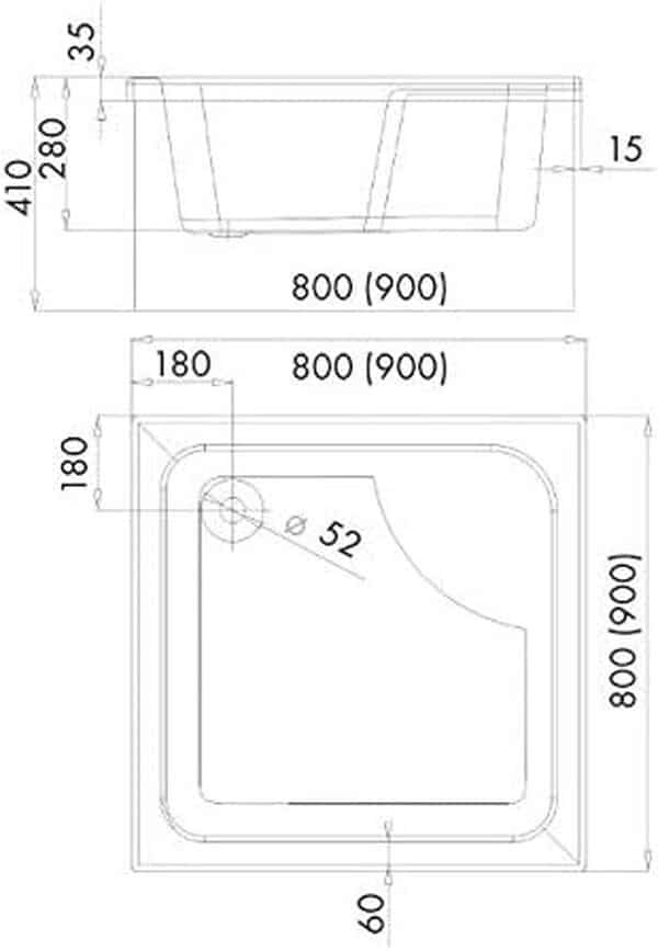 ECOLAM Receveur de douche profond carré Dante avec assise 80x80, hauteur 41 cm profondeur 28 cm acrylique blanc, base en polystyrène + siphon Click clack
