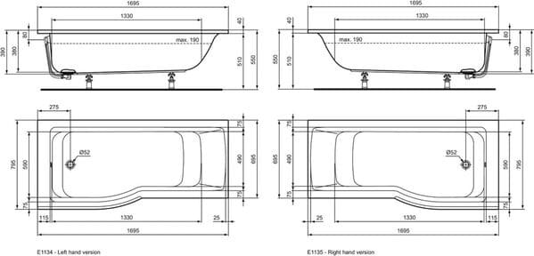 Ideal Standard Baignoire pour Bain/Douche 170 x 80 asymétrique Connect Air Gauche Blanc