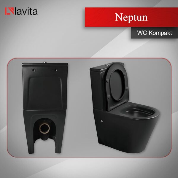 LAVITA NEPTUN BLACK wc monobloc avec réservoir de chasse intégré | Couvercle avec système d'abaissement automatique | Cuvette WC sans bord | Cuvette debout + raccord