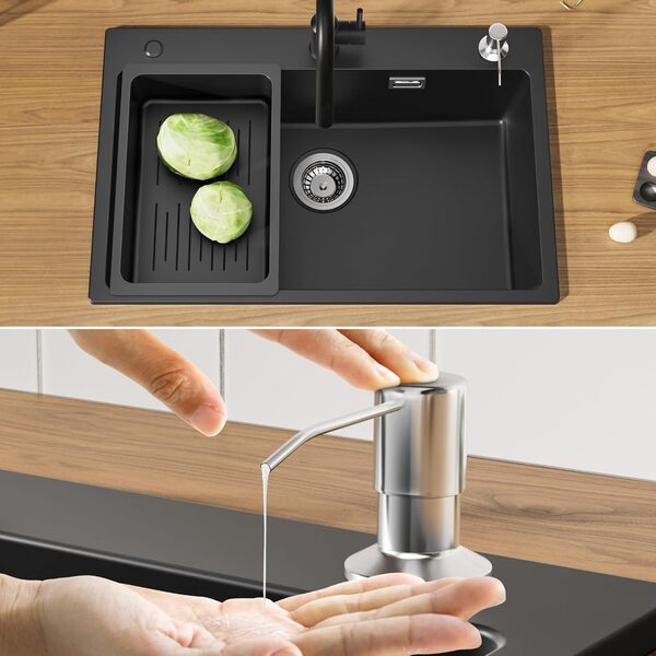 CECIPA Évier de cuisine noir avec robinet douchette abaissable, 70 x 45 cm, en granit avec bonde et trop-plein, évier encastrable à partir de 80 cm d'armoire