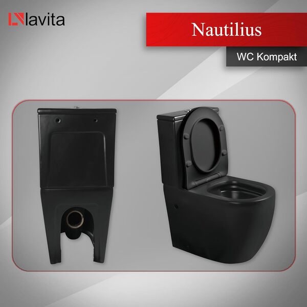 LAVITA Nautilius Black wc monobloc avec réservoir de chasse intégré, abattant d' WC avec système d'abaissement automatique, en céramique, cuvette sans bord, cuvette WC debout + raccord
