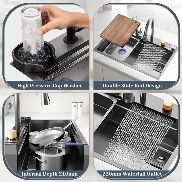 50 Cm De Large Evier De Cuisine Cascade Ensemble, Evier Multifonction Inoxydable Avec Robinet, Évier Affichage Numérique, Evier De Cuisine Nano Raindance Noir 1 Bac(Black-Grey B,80x50cm)