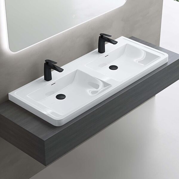doporro Double Lavabo ร Encastrer Blanc Vasque en Solid Surface Lave Mains Rectangulaire de Qualitรฉ pour Salle de Bain 120x48x14,5cm Colossum08