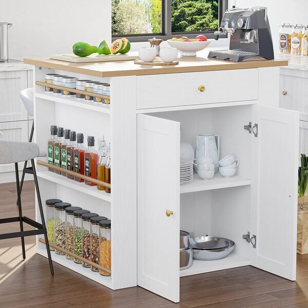 IRONCK Îlot de cuisine avec rangement, grand espace de rangement organisé avec multiprise, armoire à 2 portes et 2 étagères ouvertes/tiroirs double côté/5 étagères à épices ouvertes, 74,9 cm P x 100,1