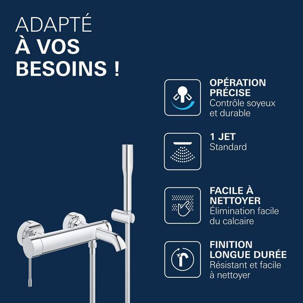 GROHE Essence Mitigeur Bain/Douche à levier unique avec Kit de Douche avec Mitigeur de Douche, tuyau et fixation Murale, Chrome, 33628001 [Classe énergétique A]