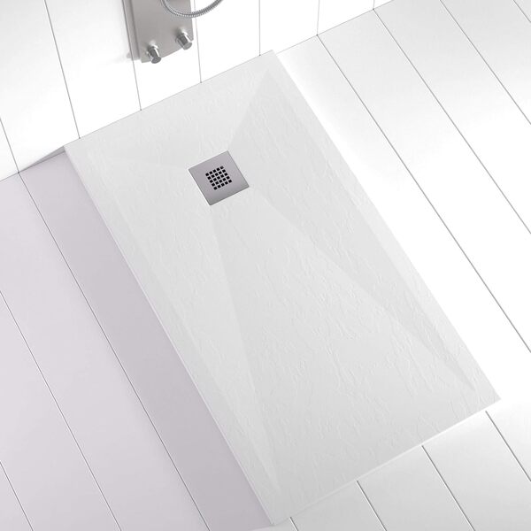 Receveur de douche en résine PLES - 90x100 -Texture Ardoise - Antidérapant - Toutes les tailles disponibles - Y compris la Grille en Acier Inoxydable et la Bonde - Blanco RAL 9003
