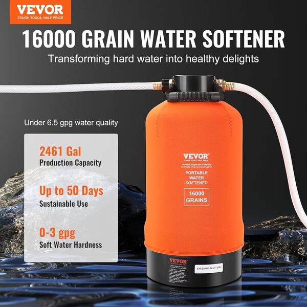 VEVOR Adoucisseur d'Eau Portable 16000 Grains Systรจme de Filtration d'Eau avec Raccords 19 mm et Long Tuyau 106,7 cm sans รlectricitรฉ pour Adoucissement dโEau Dure Camping-car Caravane Bateau Domicile