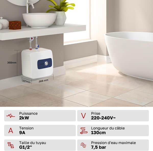 ThermoMate ES15DE Chauffe-eau électrique sous Évier 15 litres, 2000W, Conception compacte, Per lavabi da bagno, lavelli da cucina [Classe énergétique A]