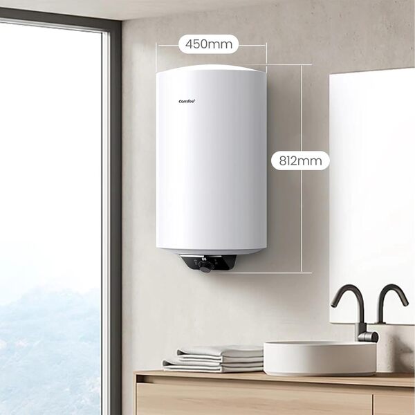 COMFEE' D80-15EFG Chauffe-eau électrique vertical, accroché à la muraille, 80 L, taille compact, facile à installer [Classe énergétique B]