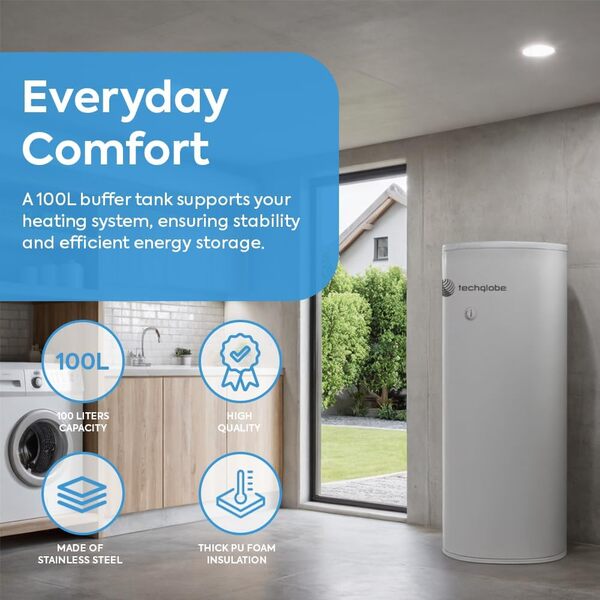 TECHGLOBE – Ballon tampon en acier inoxydable – avec isolation 50 mm – ballon tampon à économie d'énergie – chauffe-eau (100 L)
