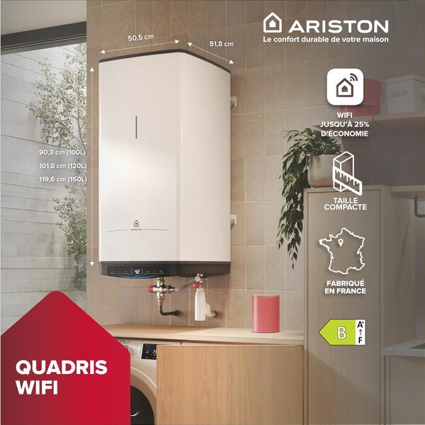 Ariston Quadris WiFi 100L, Chauffe Eau Électrique Compact, Intelligent, Connecté, Stéatite, 25% d'Économie d'Énergie, Eco Evo, Fabriqué en France, Gain de place jusqu'à 1m2 au sol [Classe énergétique B]