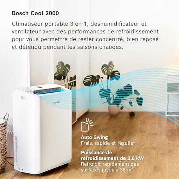 Découvrez le Bosch Cool 2026, un climatiseur portable 3-en-1 efficace et pratique, idéal pour rafraîchir des pièces jusqu'à 35m². Qualité, performance et confort au rendez-vous.
