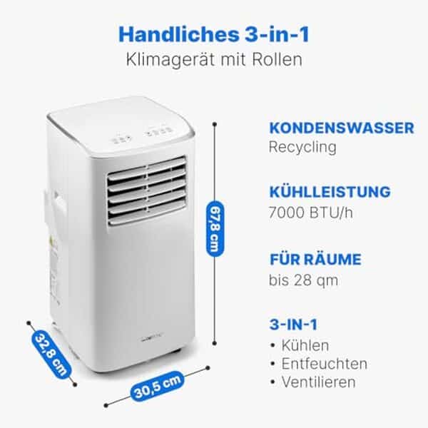 Découvrez le climatiseur mobile Clatronic 7000 BTU : performance, simplicité d'utilisation et fraîcheur optimale pour un été sans souffrir de la chaleur