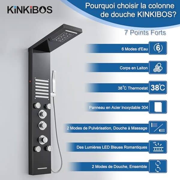 Découvrez notre test détaillé de la colonne de douche Kinkibos : hydromassage, lED intégrée et 6 fonctions pour une expérience spa à domicile.