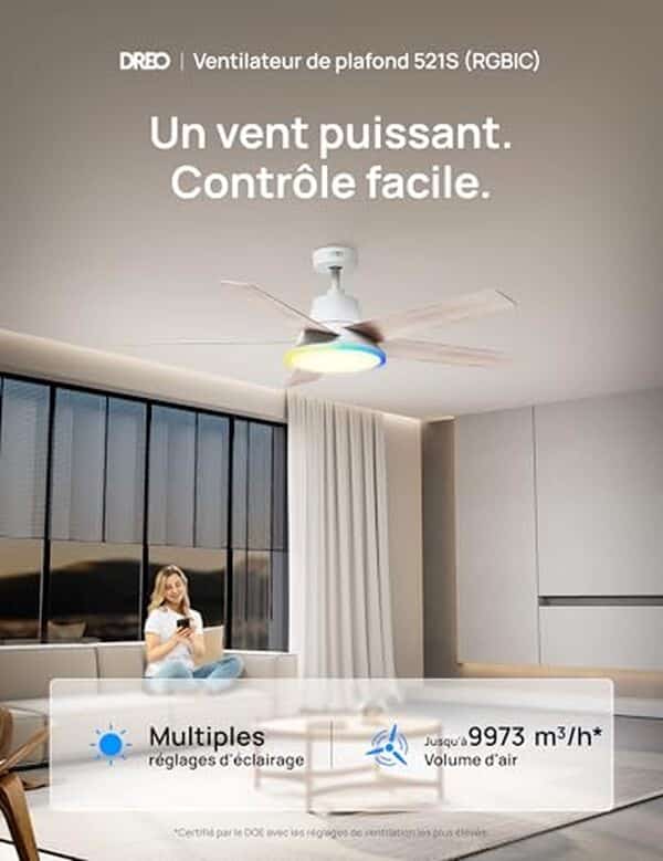 Découvrez notre test complet du ventilateur de plafond intelligent Dreo 132 cm avec lumière intégrée et moteur CC silencieux. Performances, fonctionnalités et avis détaillés. 